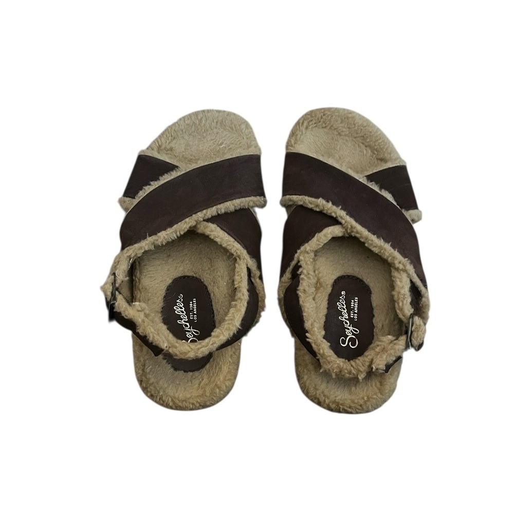 Seychelles Taupe Crossband Faux-Shearling Slide Sandals Size 7